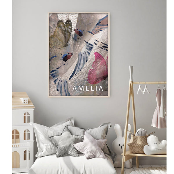 Bird & Butterfly Children's Personalised Wall Art | Pink